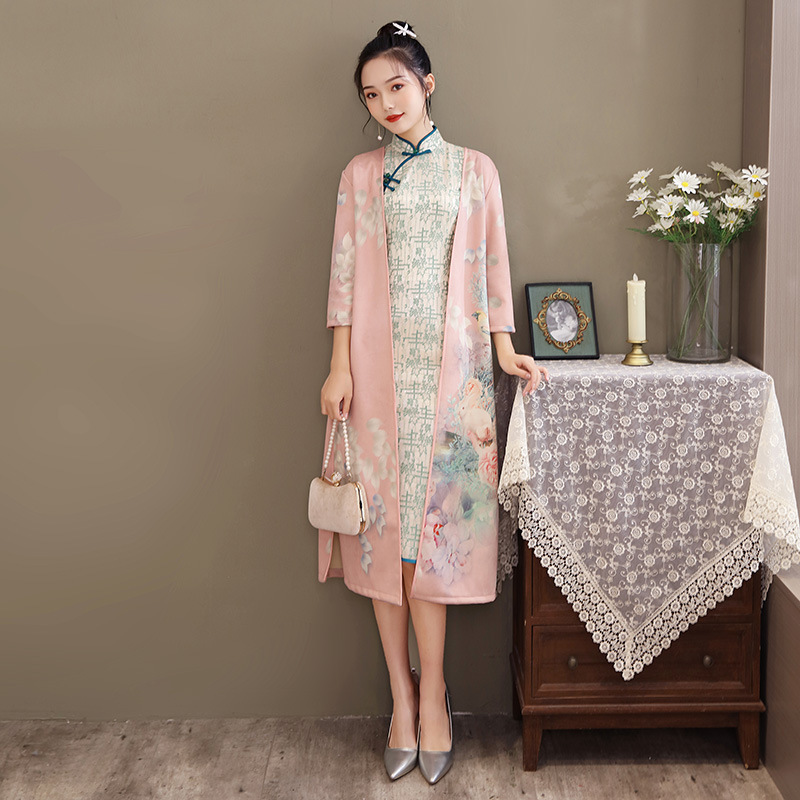 Women's Medium Length Cheongsam With Suede And Aodai Dress Pink - Shop at LoveMi