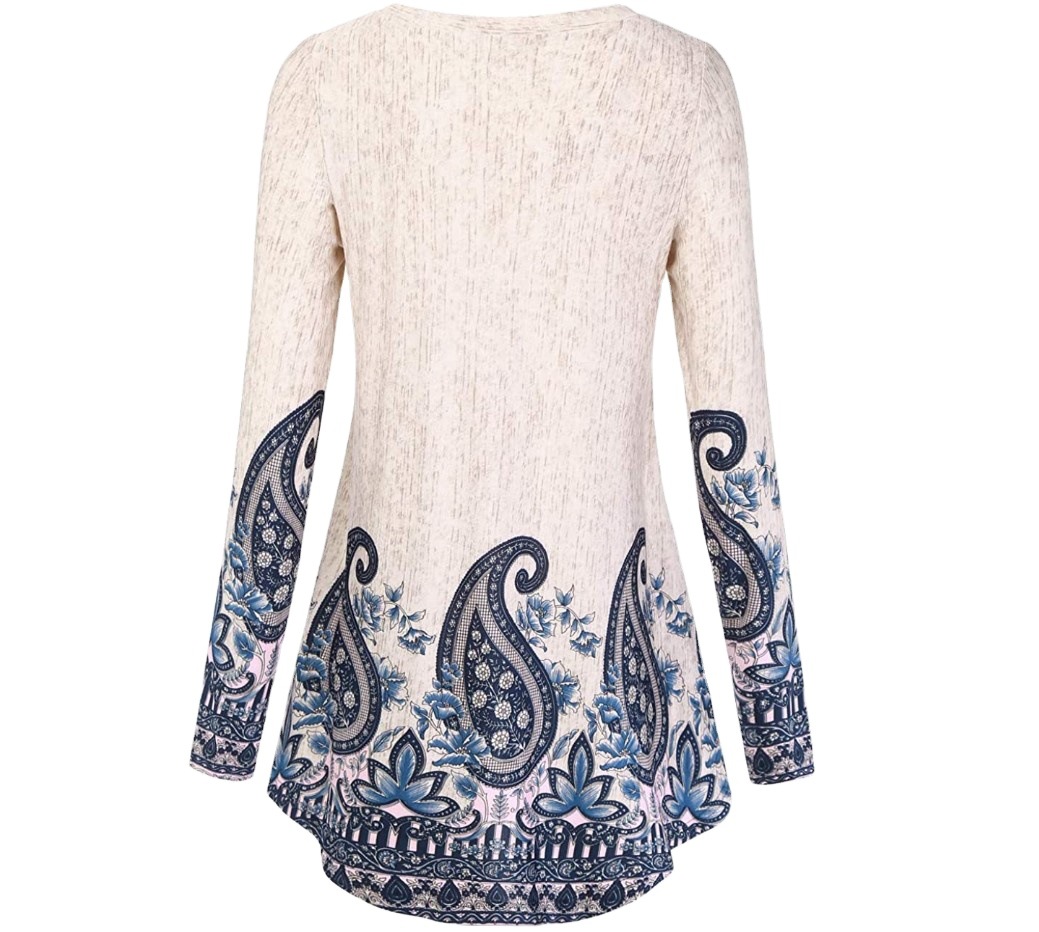 Slim-fit Knit Printed Blue Round Neck Pullover Long Sleeve Top