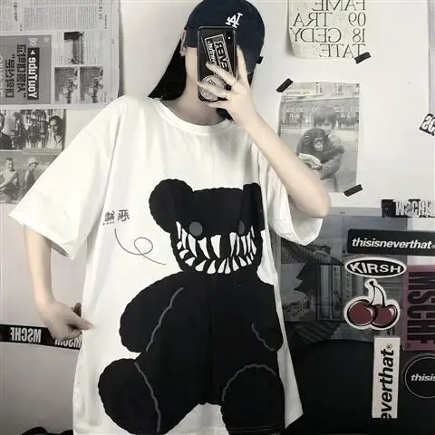 Ins Summer t Shirt Female Loose Fitting Bear Series Short Sleeve style dark black shirt Bear Print 2 - Shop at LoveMi
