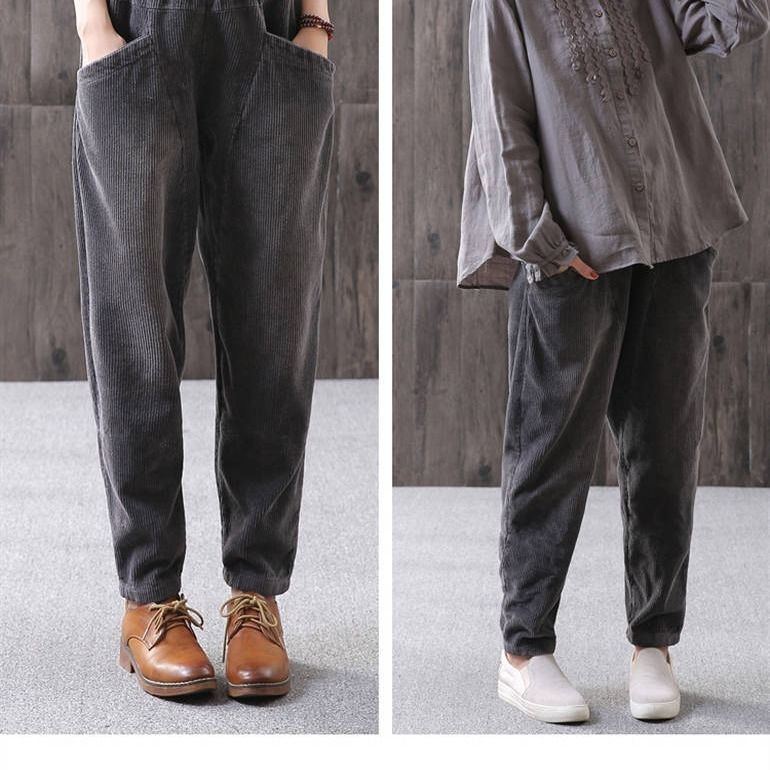Corduroy Elastic Waist Showing Thin Stripe Loose Casual Pants