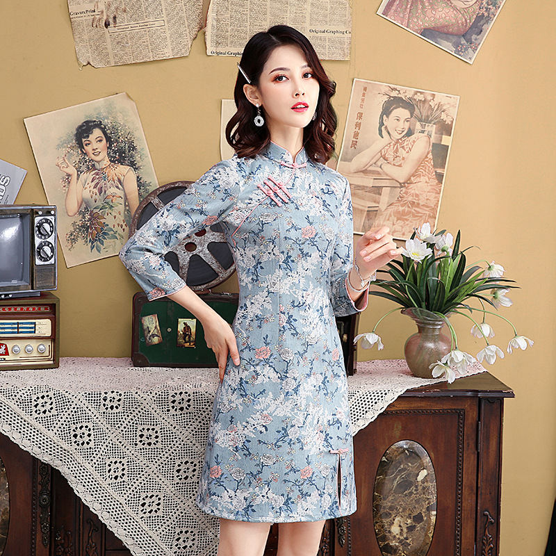 Long Sleeve Girl Chinese Style Dress Cheongsam