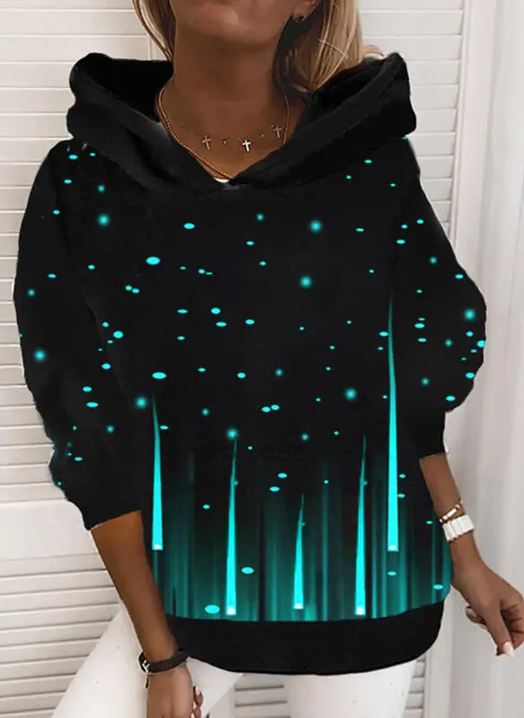 Sequins printed loose hooded sweater women Light Blue - Shop at LoveMi