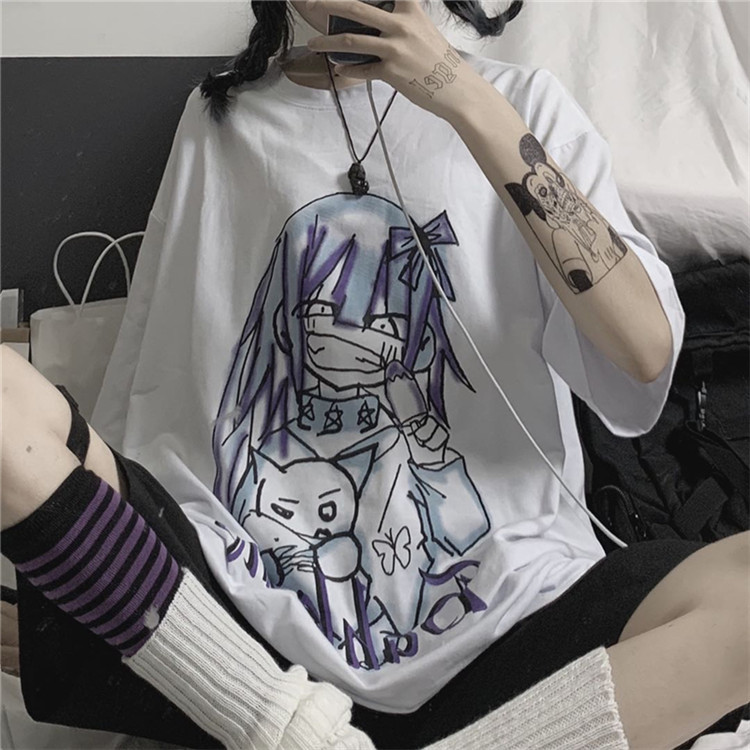 Cartoon Print Loose Short Sleeve T-Shirt Women