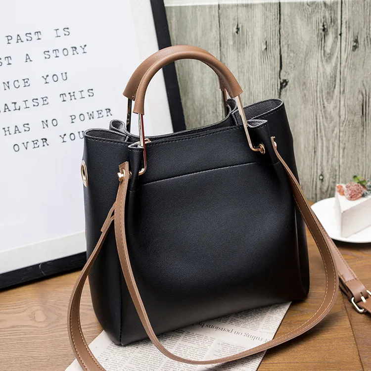 Women Handbag Large Capacity Casual Tote Bag Lady Messenger Shoulder Bag Solid Color Bucket Bag - Black