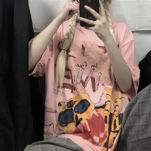Ins Summer t Shirt Female Loose Fitting Bear Series Short Sleeve style dark black shirt Doodle Tiger 1 - Shop at LoveMi