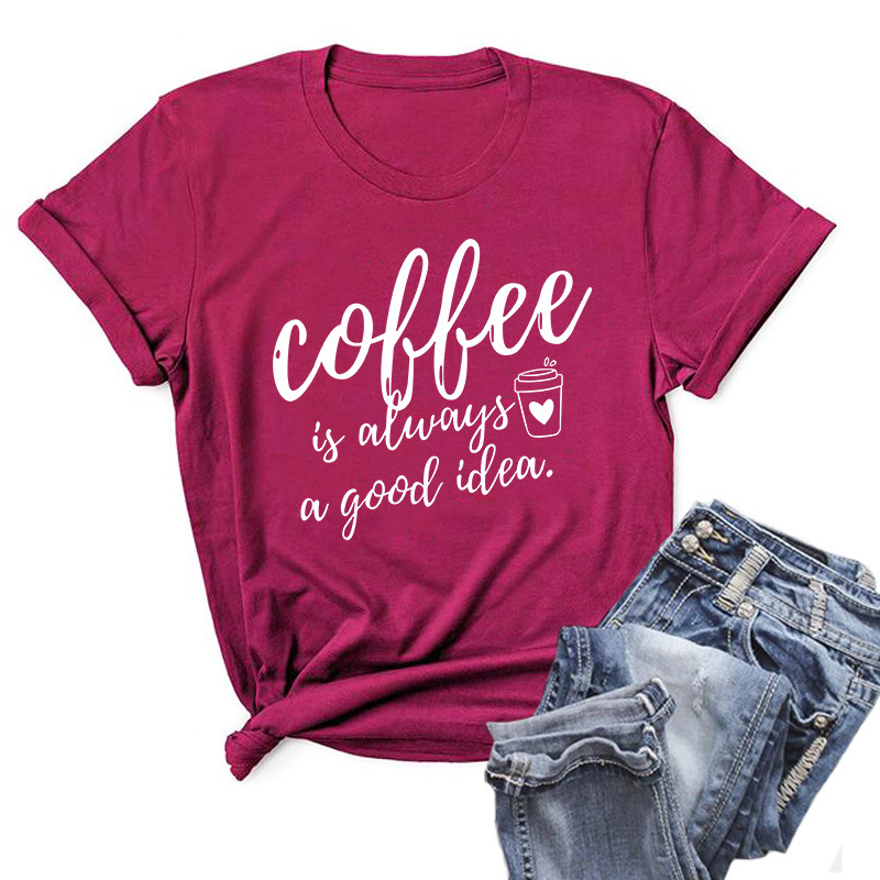 Creative Letter Printing Round Neck Cotton Short Sleeves Wine - Shop at LoveMi
