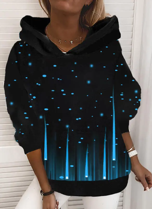 Sequins printed loose hooded sweater women Dark Blue - Shop at LoveMi