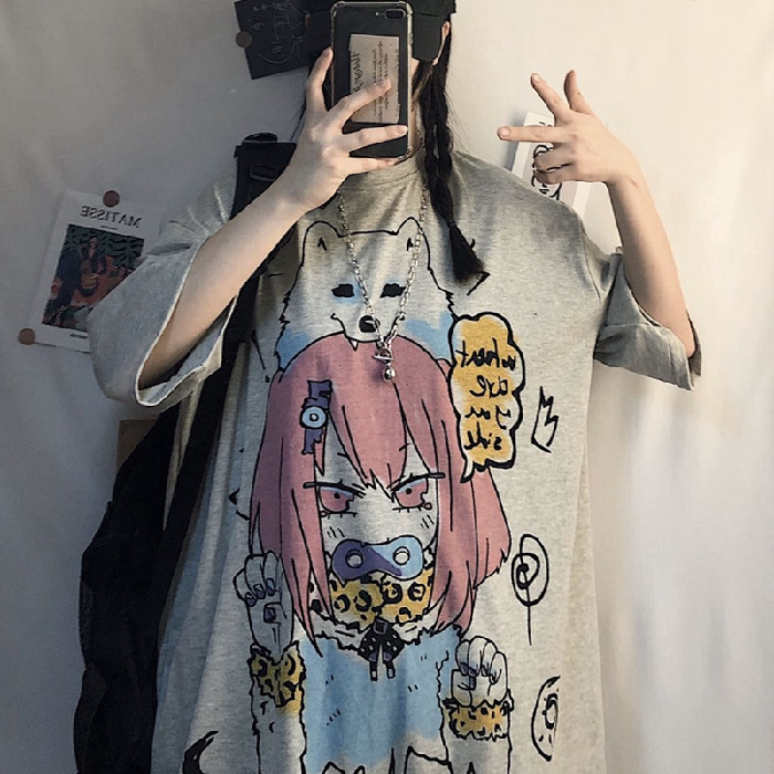 Anime White New Loose Ladies Short Sleeve T shirt Grey - Shop at LoveMi