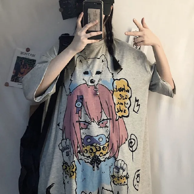 Anime White New Loose Ladies Short Sleeve T shirt Grey - Shop at LoveMi