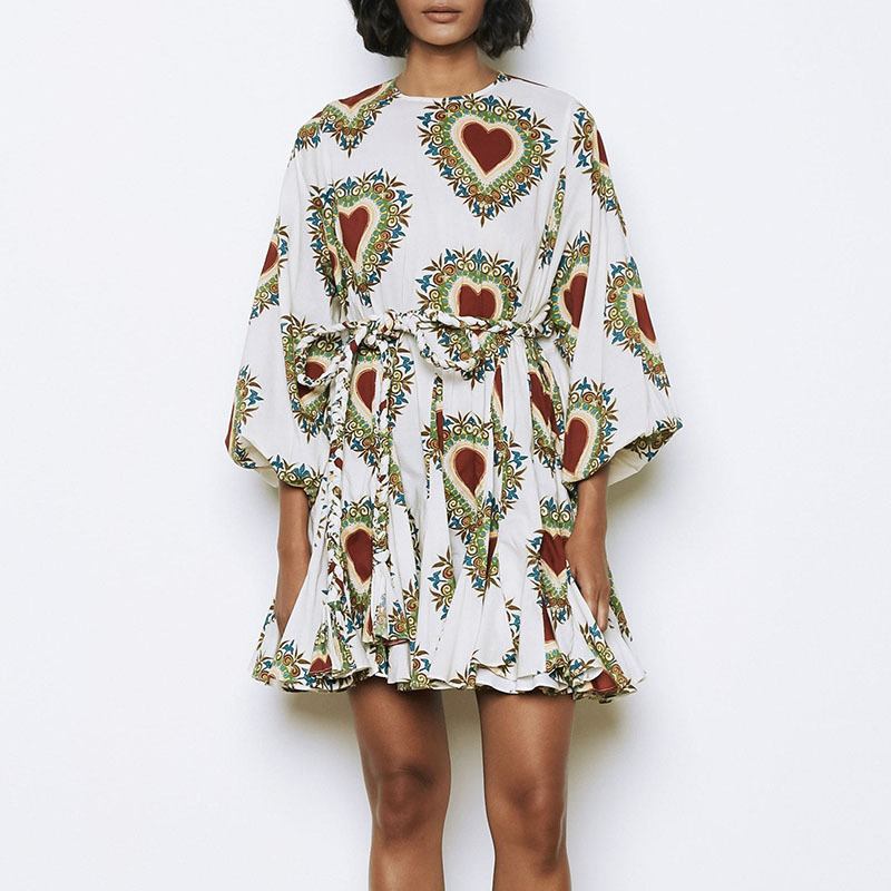 Round Neck Lantern Sleeves Printed Ruffled High Waist Slim A-line Skirt