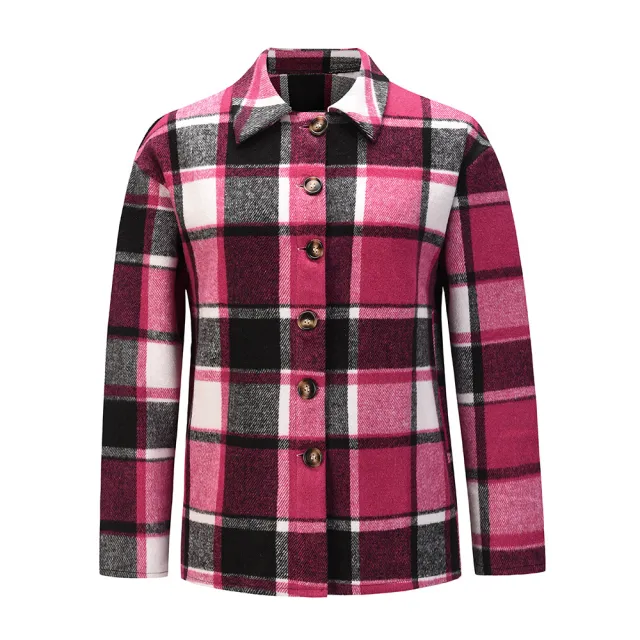 Lapel Single Breasted Checked Shirt Jacket Rose - Shop at LoveMi