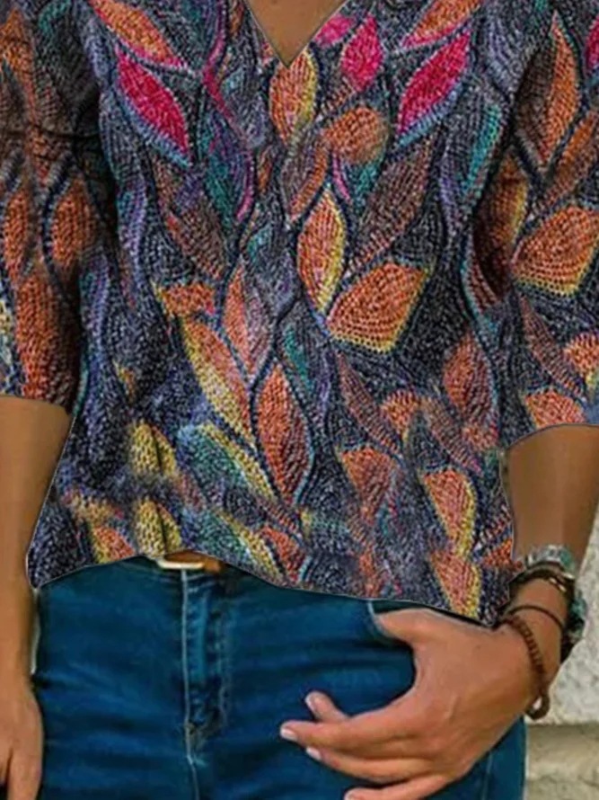 Vintage Printed Casual V-Neck Pullover T-Shirt