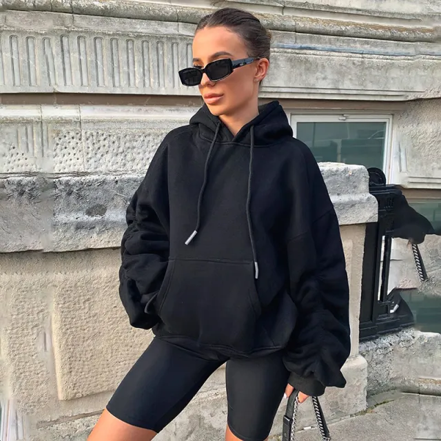 Pile sleeve hooded pullover loose solid color sweater Black - Shop at LoveMi