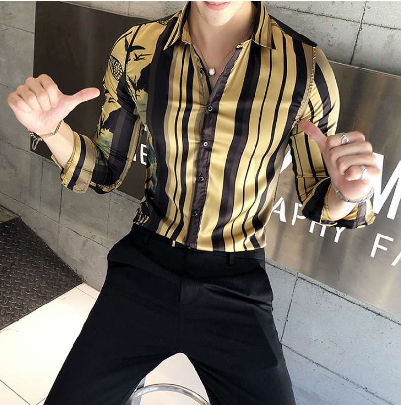 قميص رجالي رسمي بأكمام طويلة بنقشة زهور للشباب الاجتماعي