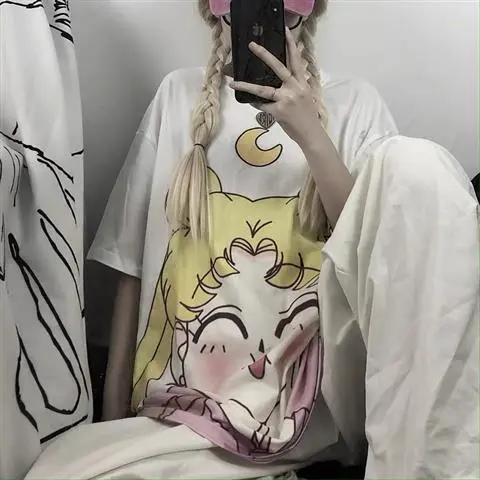 Ins Summer t Shirt Female Loose Fitting Bear Series Short Sleeve style dark black shirt Graffiti Girl 2 - Shop at LoveMi