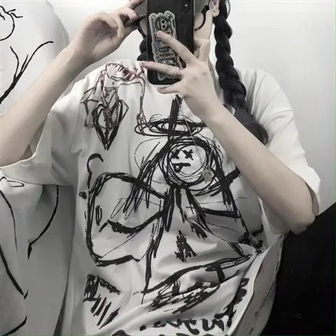 Ins Summer t Shirt Female Loose Fitting Bear Series Short Sleeve style dark black shirt Graffiti Sunny Doll 1 - Shop at LoveMi