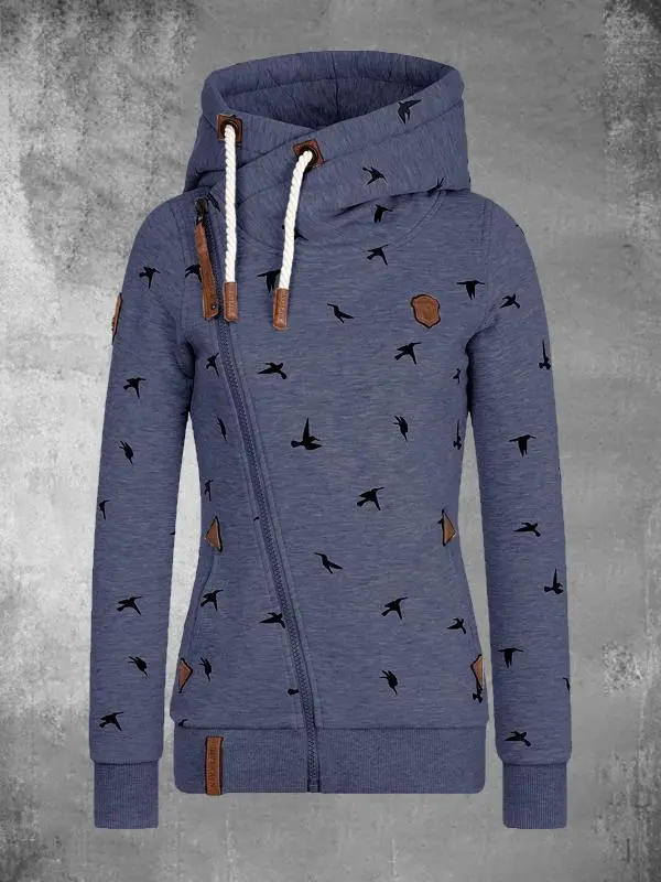 Bird Digital Print Hooded Pocket Zipper Cardigan Jacket Blue - Shop at LoveMi