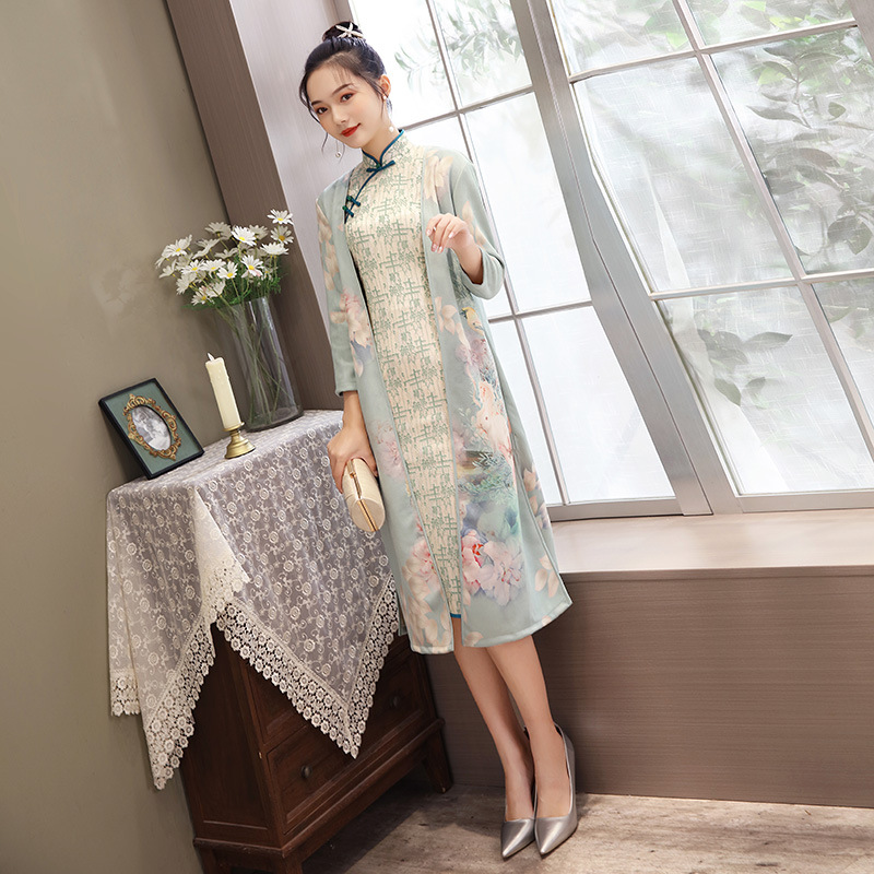 Women's Medium Length Cheongsam With Suede And Aodai Dress Light Green - Shop at LoveMi