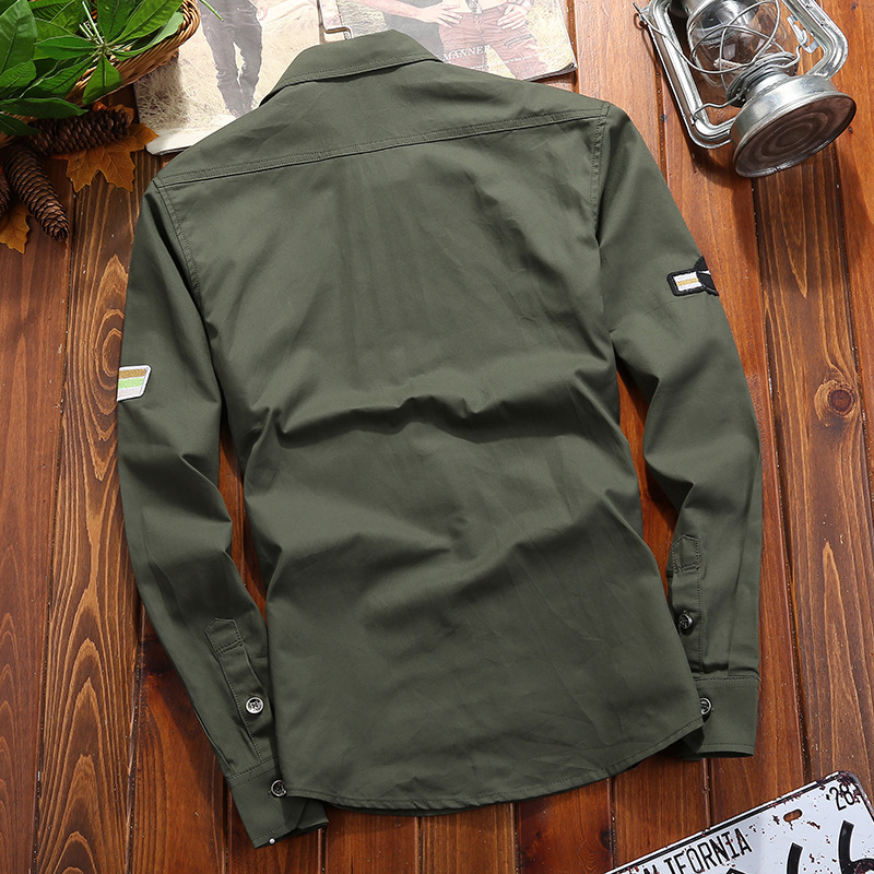 Casual Pure Cotton Solid Color Military Long Sleeve Top Shirt