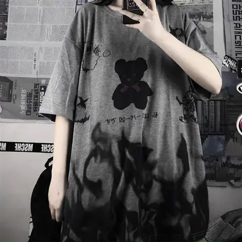 Ins Summer Female Loose Graffiti Short Sleeve Black Bear - Shop at LoveMi