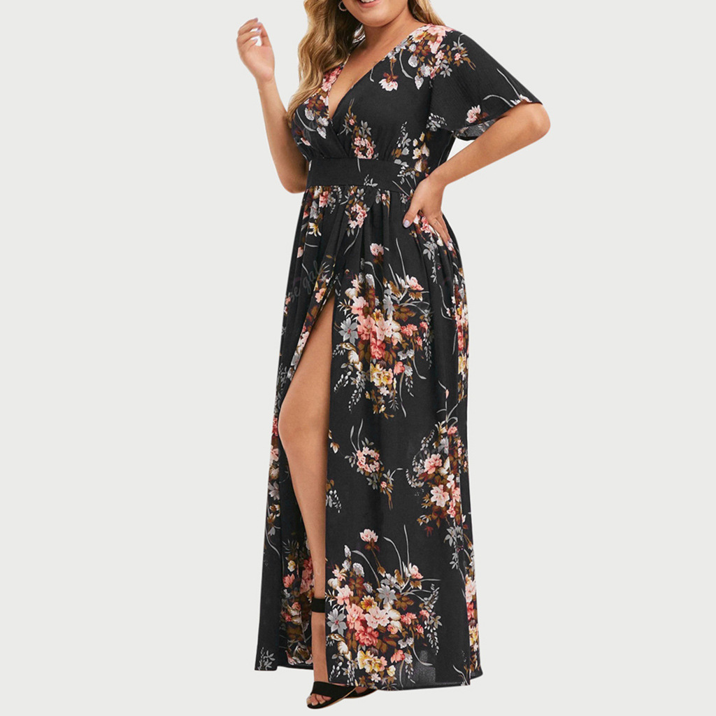 Fat Sister Waist Printed Dress With Slit Hem