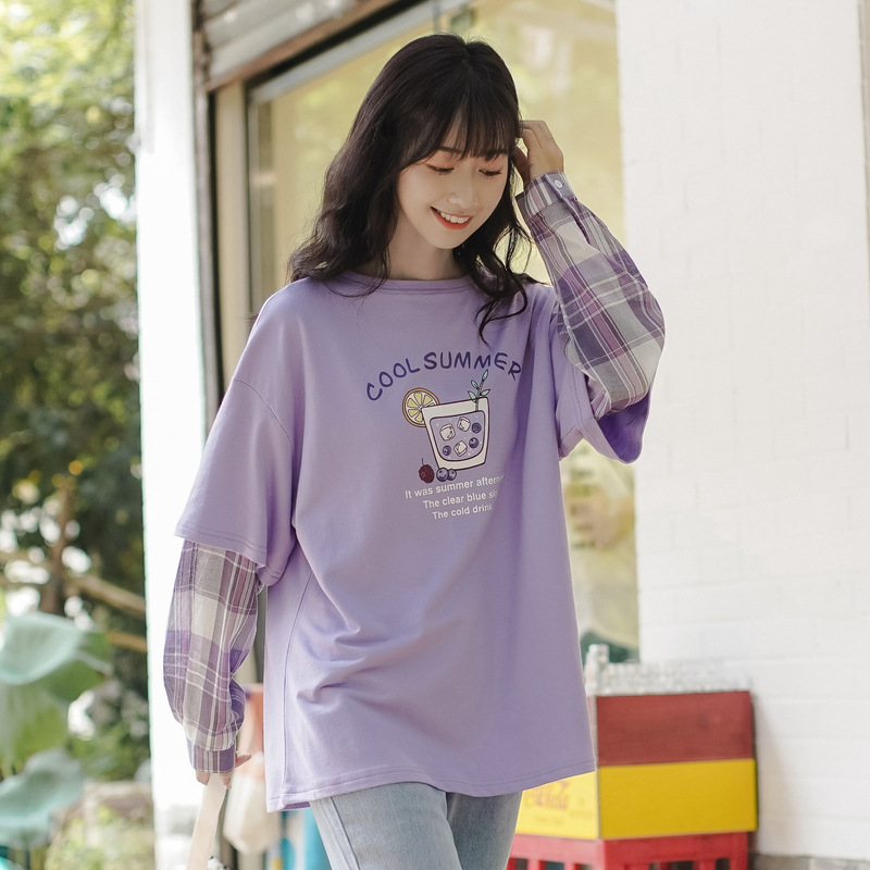 Women's Loose Thin Fake Two Long Sleeve Lazy Purple Sweater