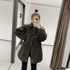 Lamb Fleece Shirt Coat Lapel Long Sleeve Women's Coat - Black - View 1