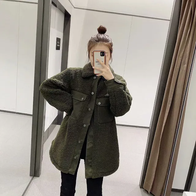 Lamb Fleece Shirt Coat Lapel Long Sleeve Women's Coat Black - Shop at LoveMi