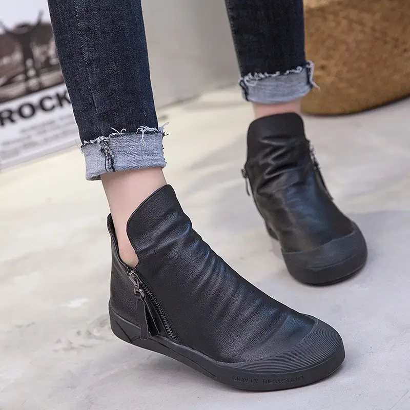Leather And Rubber Soft Sole Zipper Shoes