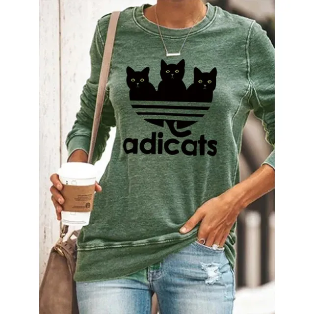 Long Sleeve Casual Three Cats Round Neck Print T shirt Green - Shop at LoveMi
