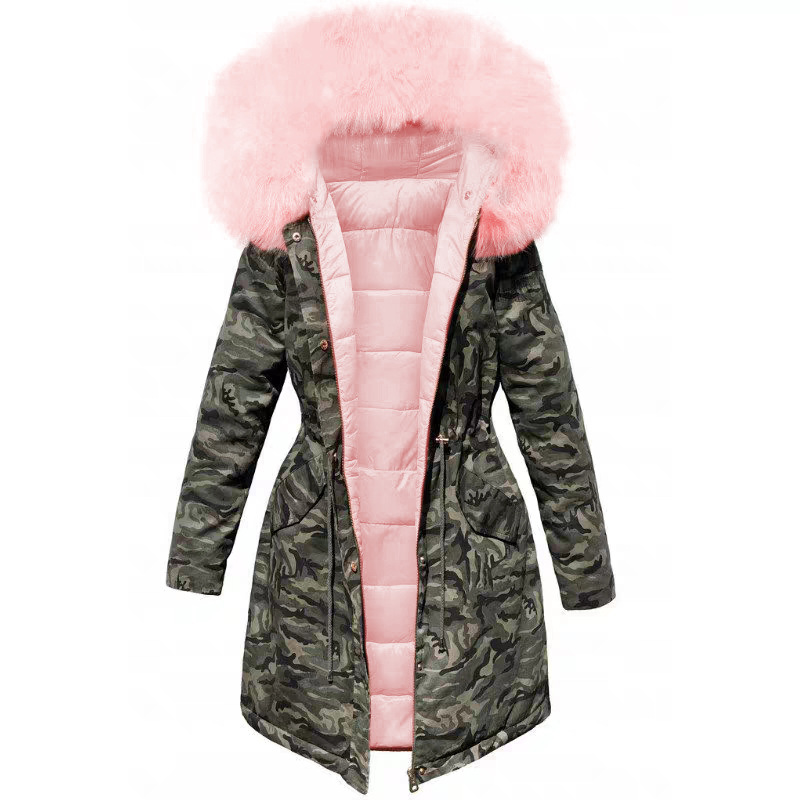 Plush Thick Coat Loose Big Fur Collar Mid-length Camouflage Cotton