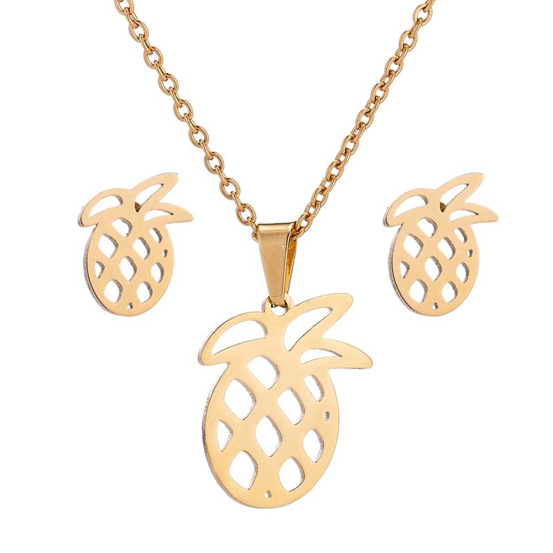 Simple Hollow Out Pineapple Fruit Jewelry Earrings Necklace Stainless Steel Jewelry Set Gold - Shop at LoveMi
