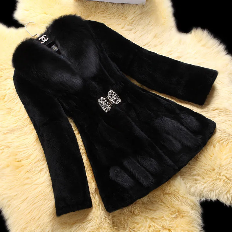 Mid-Length Fox Fur Collar Mother Coat - Black