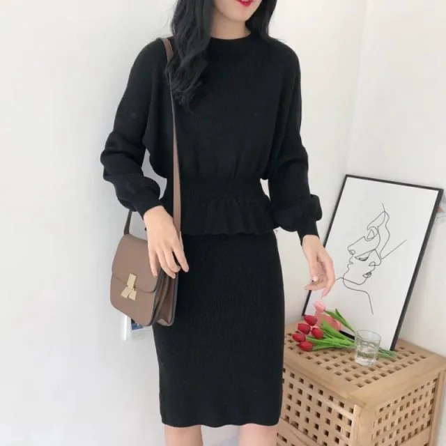 Temperament Goddess Fan Sweater With Long Skirt Two piece Suit Black - Shop at LoveMi