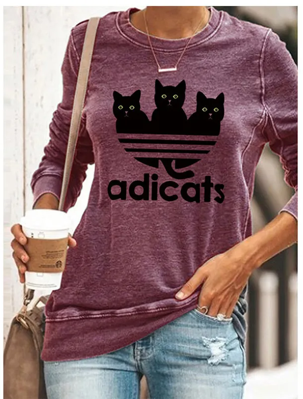 Long Sleeve Casual Three Cats Round Neck Print T shirt Red - Shop at LoveMi