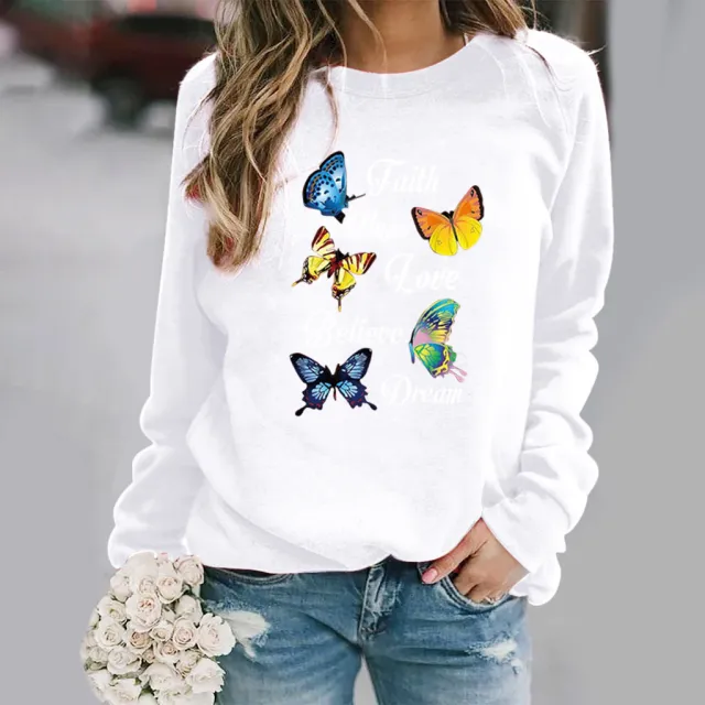 Butterfly Print Long sleeved Round Neck Sweatshirt White - Shop at LoveMi