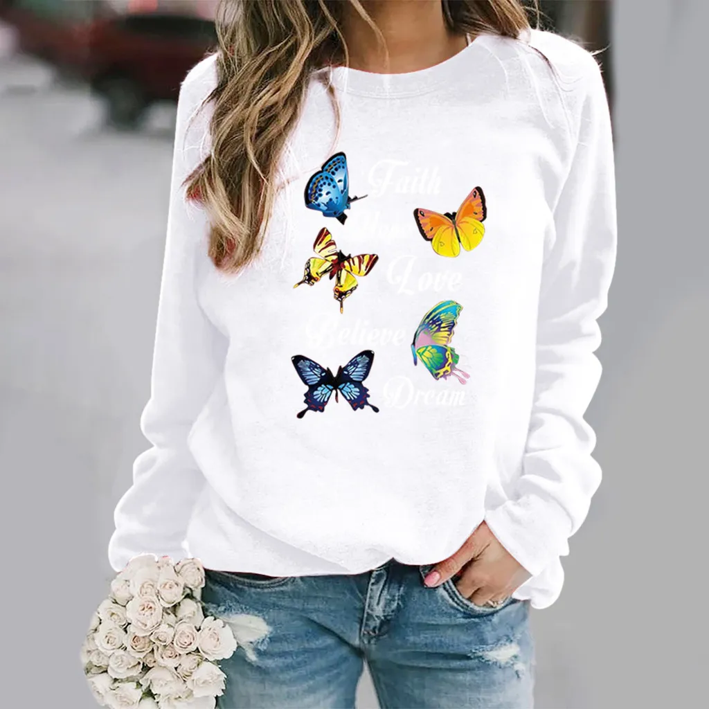 Butterfly Print Long-sleeved Round Neck Sweatshirt - White