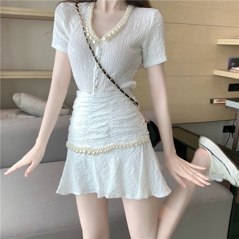 Retro Temperament V-neck Short Sleeve High Waist Skirt Suit