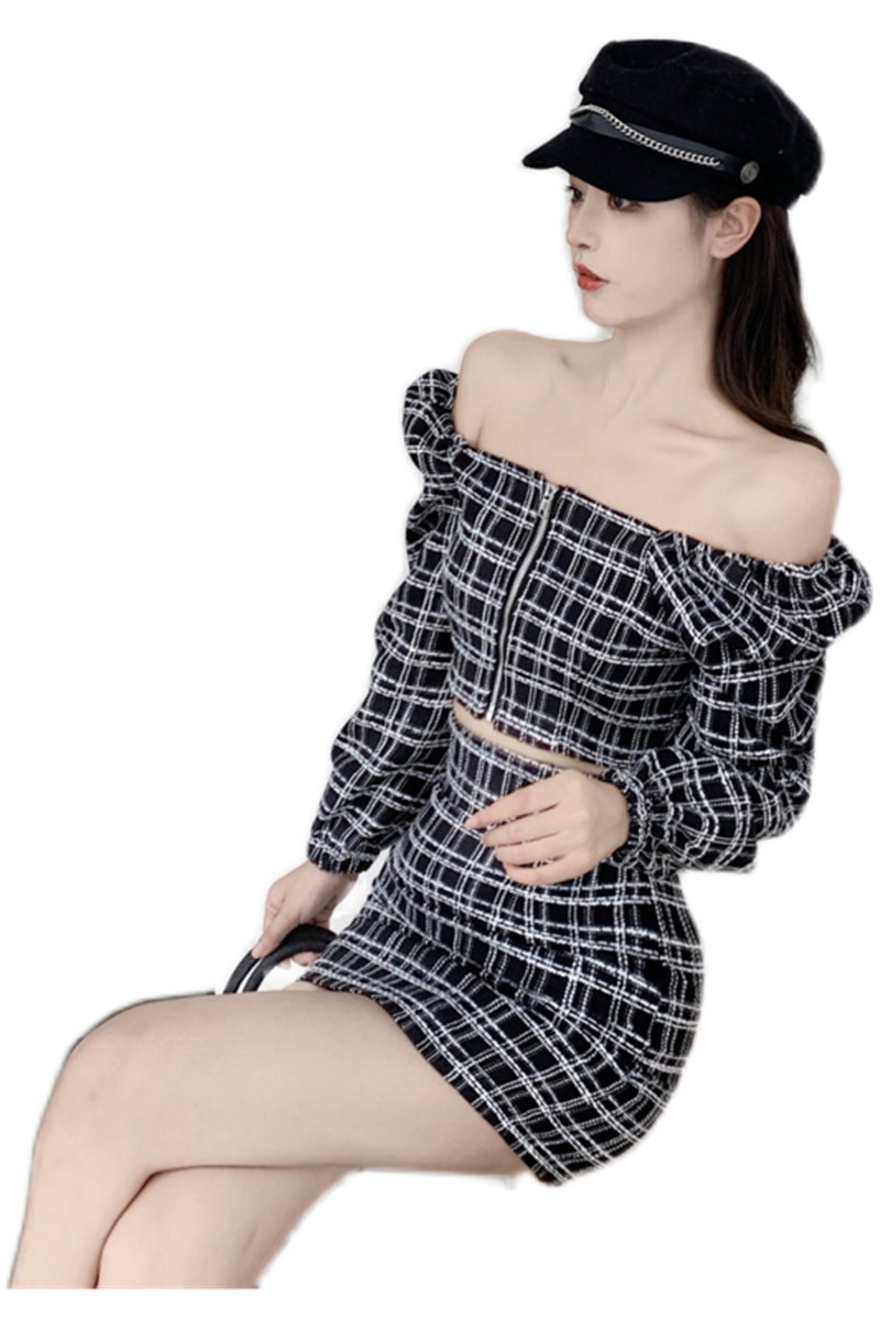 Zipper Square Neck Lantern Sleeve Top + High Waist Plaid Skirt Suit