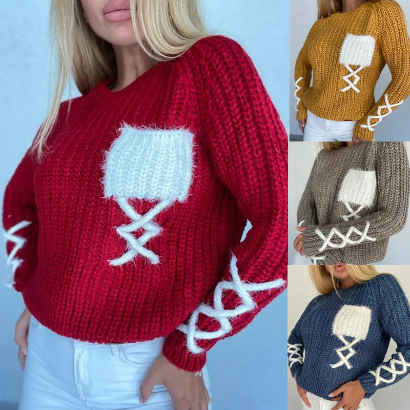 Sweater Crew Neck Lanyard Solid Color Pocket Casual Knitting Sweater