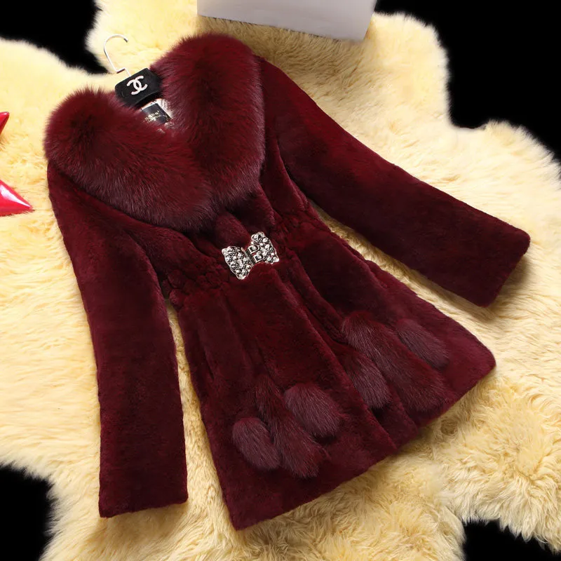 Mid-Length Fox Fur Collar Mother Coat - Red