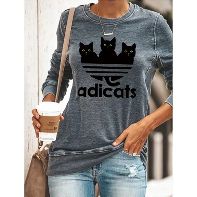Long Sleeve Casual Three Cats Round Neck Print T shirt Grey - Shop at LoveMi
