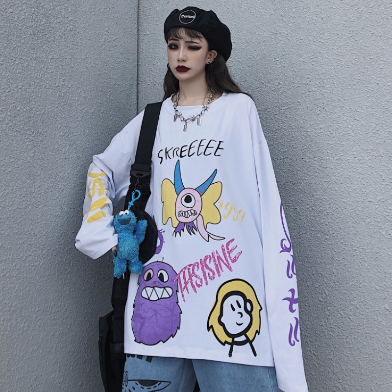 Cartoon Graffiti Print Top Loose White Long Sleeve T-Shirt