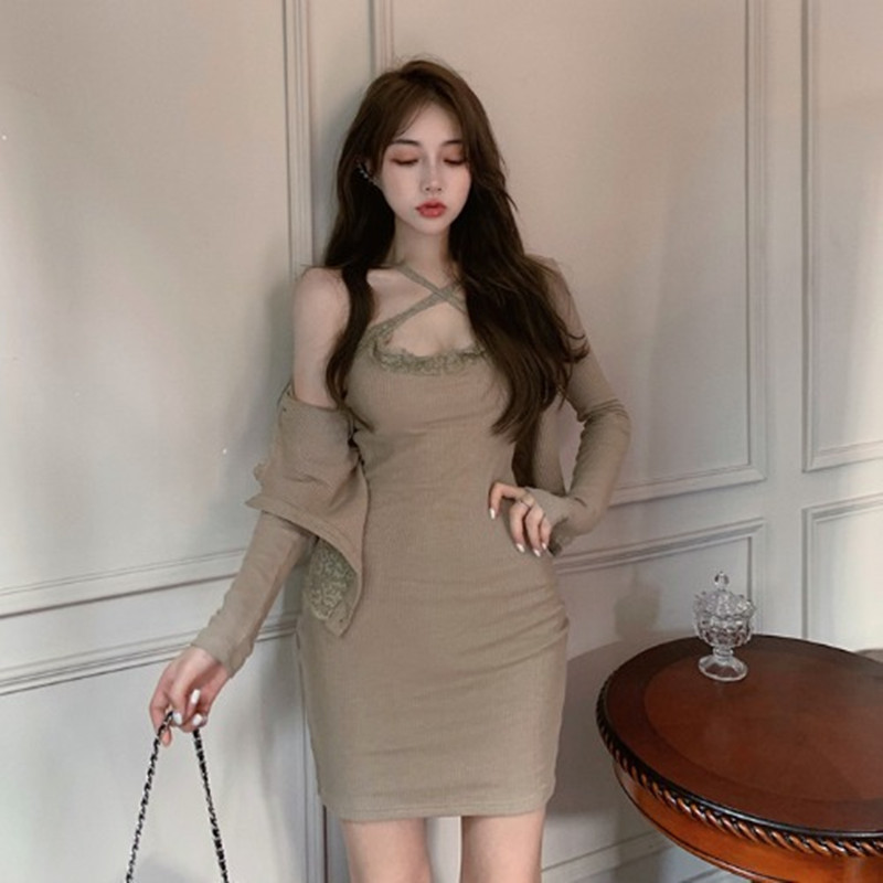 Suit With Cardigan Long Sleeve Top Autumn Cross Sling Dress
