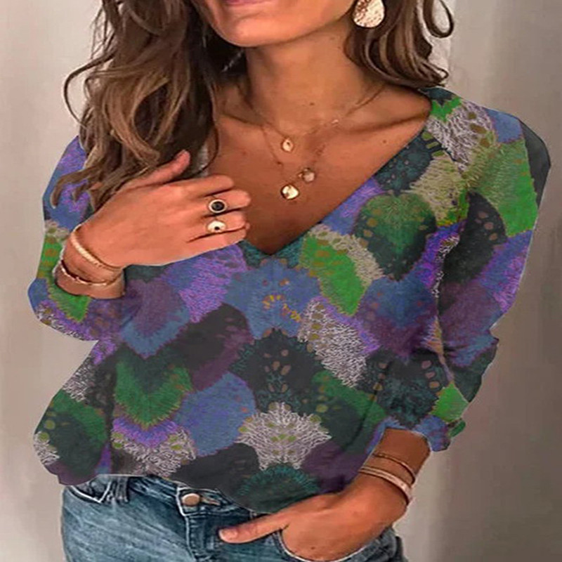 Printed V-Neck Long-Sleeved Loose Top Autumn and Winter