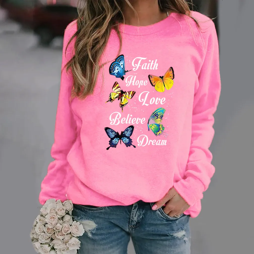 Butterfly Print Long-sleeved Round Neck Sweatshirt - Pink