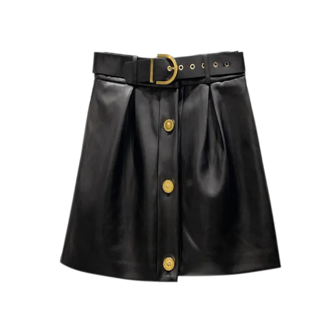 Pu Skirt With Gold Button At Waist Black - Shop at LoveMi