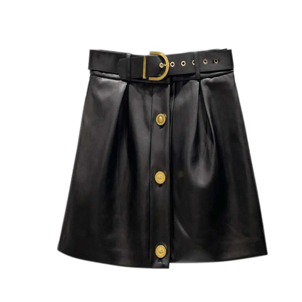 Pu Skirt With Gold Button At Waist - Black