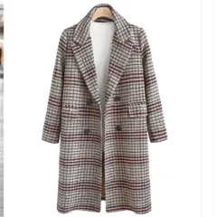 Plus Size Women's Plaid Long Sleeve Lapel Coat - Grey - View 1
