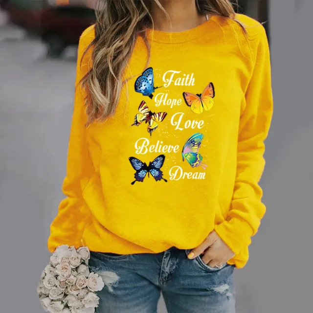 Butterfly Print Long sleeved Round Neck Sweatshirt Yellow - Shop at LoveMi